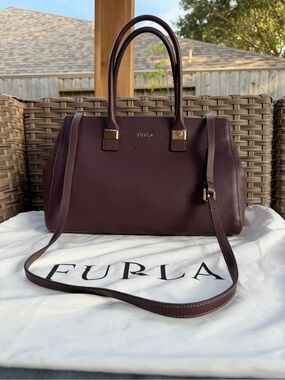Furla Pebbled Leather Satchel in Burgundy